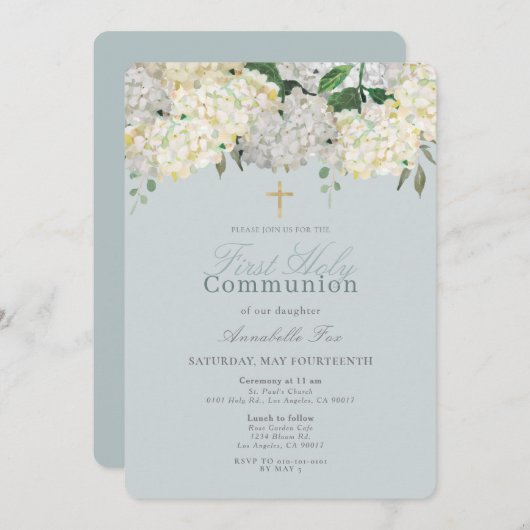 Dusty Blue Hydrangea Erste Heilige Kommune Einladung (Vorne/Hinten)