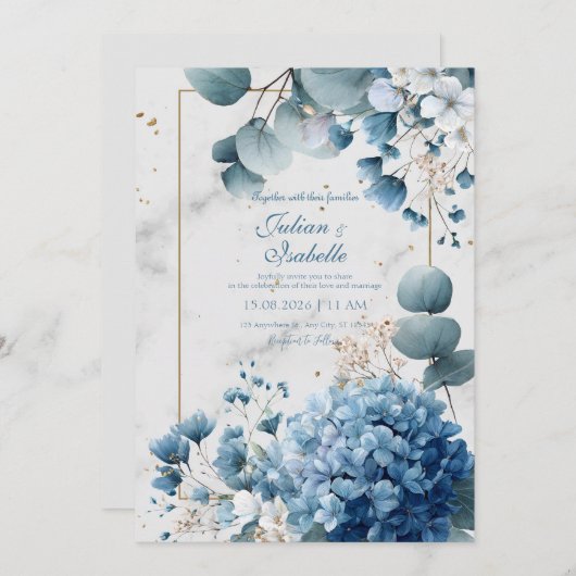 Dusty Blue Hydrangea Eucalyptus Gold Marble Einladung (Vorne/Hinten)