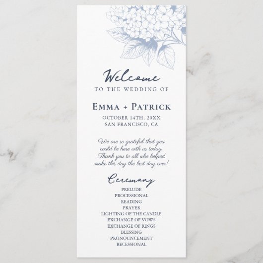 Dusty Blue Hydrangea Floral Wedding Programm (Vorderseite)