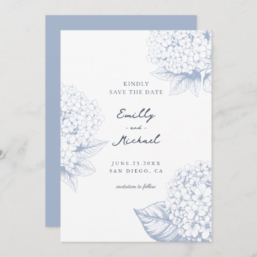 Dusty Blue Hydrangea Floral Wedding Save The Date (Vorne/Hinten)