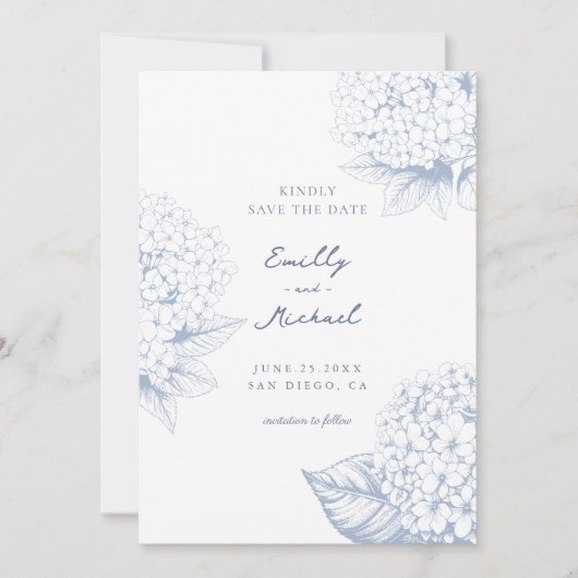 Dusty Blue Hydrangea Floral Wedding Save The Date (Vorderseite)