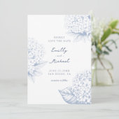Dusty Blue Hydrangea Floral Wedding Save The Date (Stehend Vorderseite)