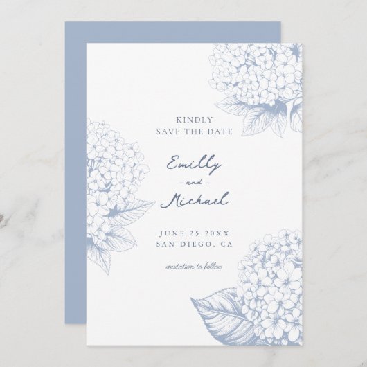 Dusty Blue Hydrangea Floral Wedding Save The Date (Vorne/Hinten)