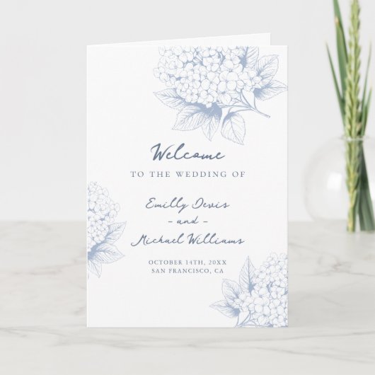 Dusty Blue Hydrangea Folded Wedding Programm (Vorderseite)