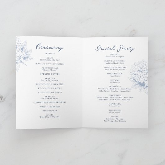 Dusty Blue Hydrangea Folded Wedding Programm (Innenseite)