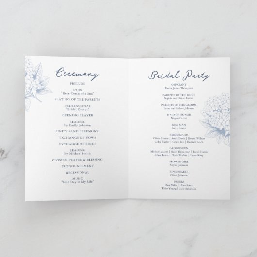 Dusty Blue Hydrangea Folded Wedding Programm (Innenseite)