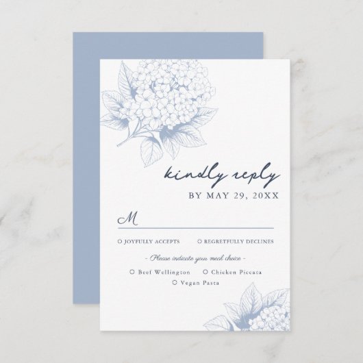 Dusty Blue Hydrangea Mahl Optionen RSVP Karte (Vorne/Hinten)