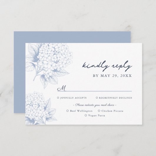Dusty Blue Hydrangea Mahl Optionen RSVP Karte (Vorne/Hinten)