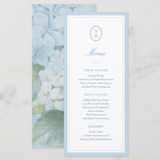 Dusty Blue Hydrangea Monogram Wedding Flat Menu Menükarte (Vorne/Hinten)