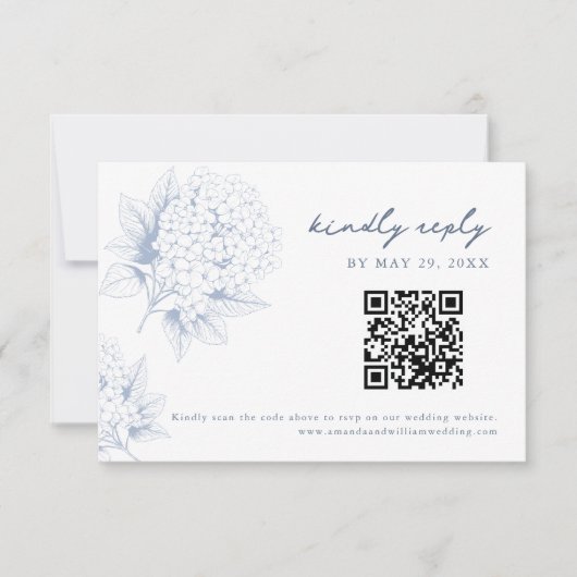 Dusty Blue Hydrangea QR Code RSVP Card Karte (Vorderseite)