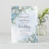 Dusty Blue Hydrangea Rose Foto QR Code Hochzeit Einladung (Stehend Vorderseite)