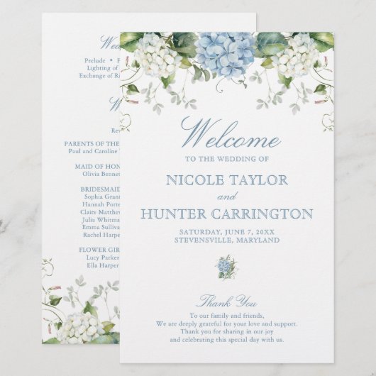 Dusty Blue Hydrangea Wedding Ceremony Program (Vorne/Hinten)