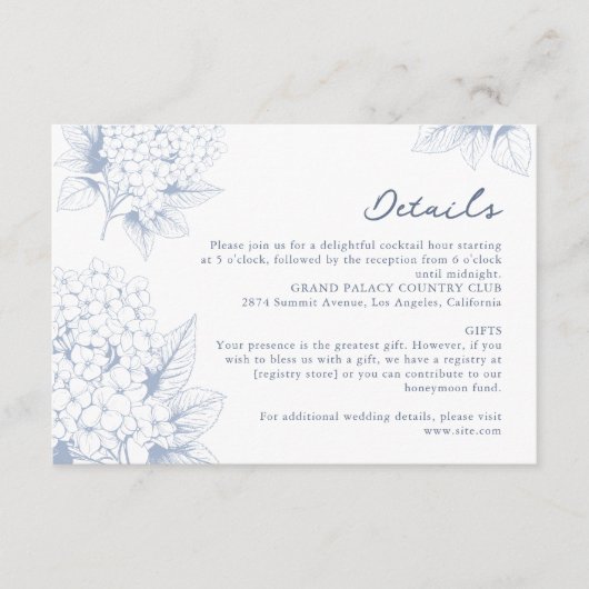 Dusty Blue Hydrangea Wedding Details Begleitkarte (Vorderseite)