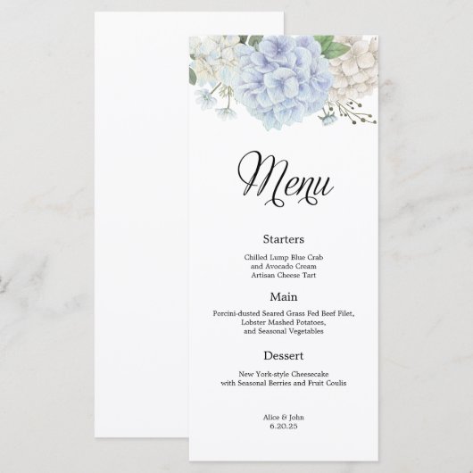 Dusty Blue Hydrangea Wedding Menu Menükarte (Vorne/Hinten)
