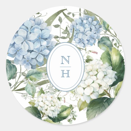 Dusty Blue Hydrangea Wedding Monogram Runder Aufkleber (Vorderseite)