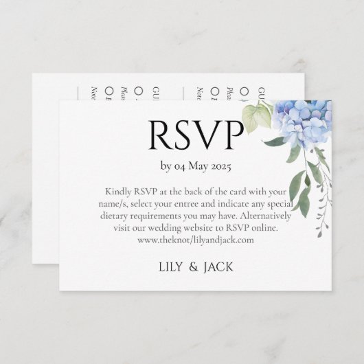 Dusty Blue Hydrangea Wedding RSVP Begleitkarte (Vorne/Hinten)