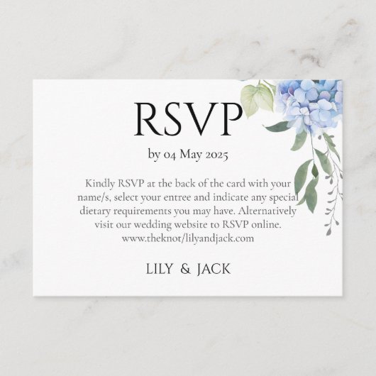 Dusty Blue Hydrangea Wedding RSVP Begleitkarte (Vorderseite)