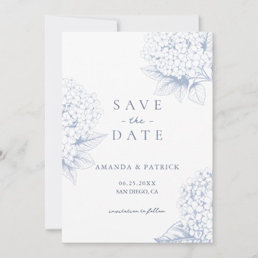 Dusty Blue Hydrangea Wedding Save the Date Card (Vorderseite)