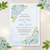 Dusty Blue Hydrangea White Rose Wedding Einladung