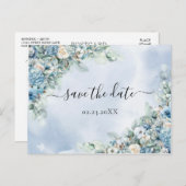 Dusty Blue Hydrangea White Roses Save the Date Postkarte (Vorne/Hinten)