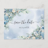 Dusty Blue Hydrangea White Roses Save the Date Postkarte (Vorderseite)