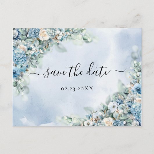 Dusty Blue Hydrangea White Roses Save the Date Postkarte (Vorderseite)