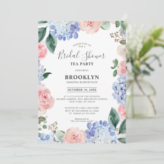 Dusty Blue Hydrangeas Brautparty Tee Party Einladung (Stehend Vorderseite)