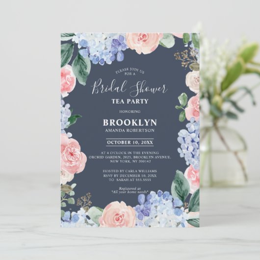 Dusty blue hydrangeas Brautparty Teezeremonie Part Einladung (Stehend Vorderseite)