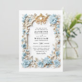 Dusty Blue Hydrangeas Embossed QR Code Wedding Einladung (Stehend Vorderseite)