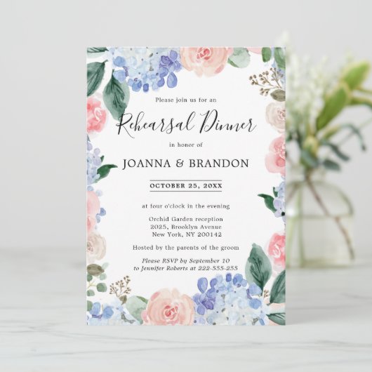 Dusty-blue hydrangeas rosa Rosen Probe Dinner Einladung (Stehend Vorderseite)