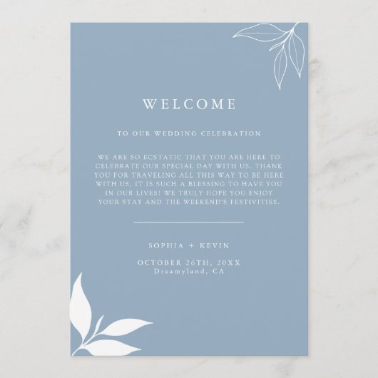 Dusty Blue I Blätter Ich begrüße Letter Timeline C Menükarte (Vorderseite)