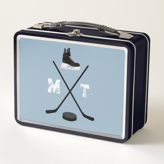 Dusty Blue Ice Hockey Classic gestörtes Monogramm Metall Brotdose (Vorderseite)