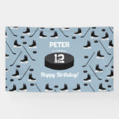 Dusty Blue Ice Hockey Stick, Skate Puck Birthday Banner (Horizontal)