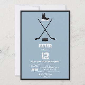 Dusty Blue Ice Hockey Stick, Skate Puck Birthday Einladung