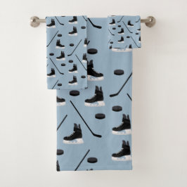 Dusty Blue Ice Hockey Stick, Skate & Puck Pattern Badhandtuch Set