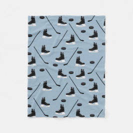 Dusty Blue Ice Hockey Stick, Skate & Puck Pattern Fleecedecke