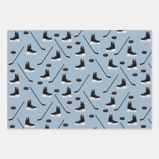 Dusty Blue Ice Hockey Stick, Skate & Puck Pattern Geschenkpapier Set (Vorderseite 3)
