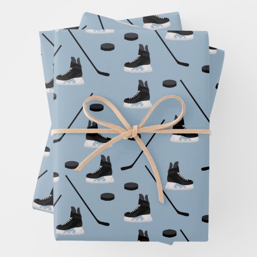 Dusty Blue Ice Hockey Stick, Skate & Puck Pattern Geschenkpapier Set (Beispiel)