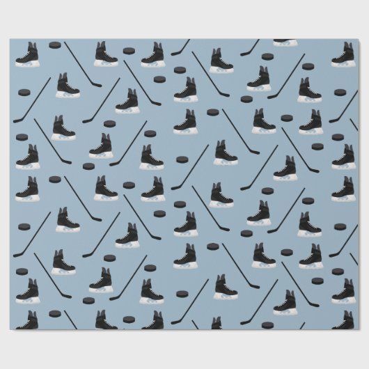 Dusty Blue Ice Hockey Stick, Skates & Puck Pattern Geschenkpapier (Flach)
