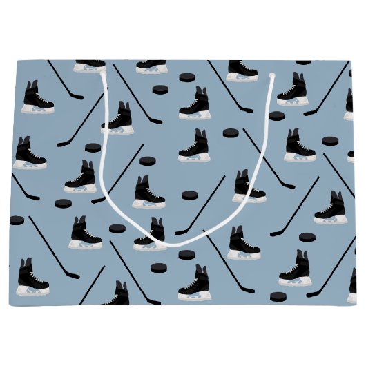Dusty Blue Ice Hockey Stick, Skates & Puck Pattern Große Geschenktüte (Vorderseite)