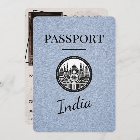 Dusty Blue India Passport Save the Date (Vorne/Hinten)