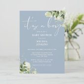 Dusty Blue ist eine junge, grüne Babydusche Einladung (Stehend Vorderseite)