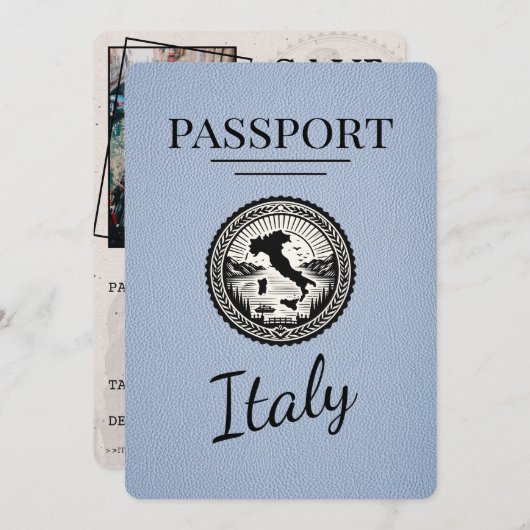 Dusty Blue Italy Passport Save The Date (Vorne/Hinten)