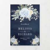 Dusty Blue Ivory Blues All in One Navy Wedding Dreifach Gefaltete Einladung (Cover)