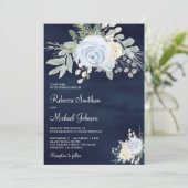 Dusty Blue Ivory Blues All in One Navy Wedding Einladung (Stehend Vorderseite)