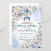 Dusty Blue & Ivory Blume Blaue Krone Quinceañera Einladung (Vorne/Hinten)