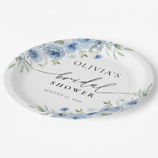 Dusty Blue Ivory Brautparty Paper Plate Pappteller (Schrägansicht)