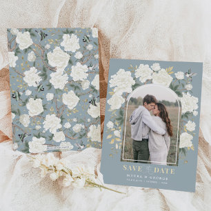 Dusty Blue Ivory Chinoiserie Save the Date Einladung