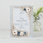 Dusty Blue & Ivory Floral Gold Frame Wedding Einladung (Stehend Vorderseite)
