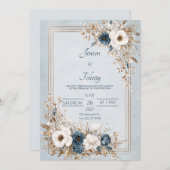 Dusty Blue & Ivory Floral Gold Frame Wedding Einladung (Vorne/Hinten)